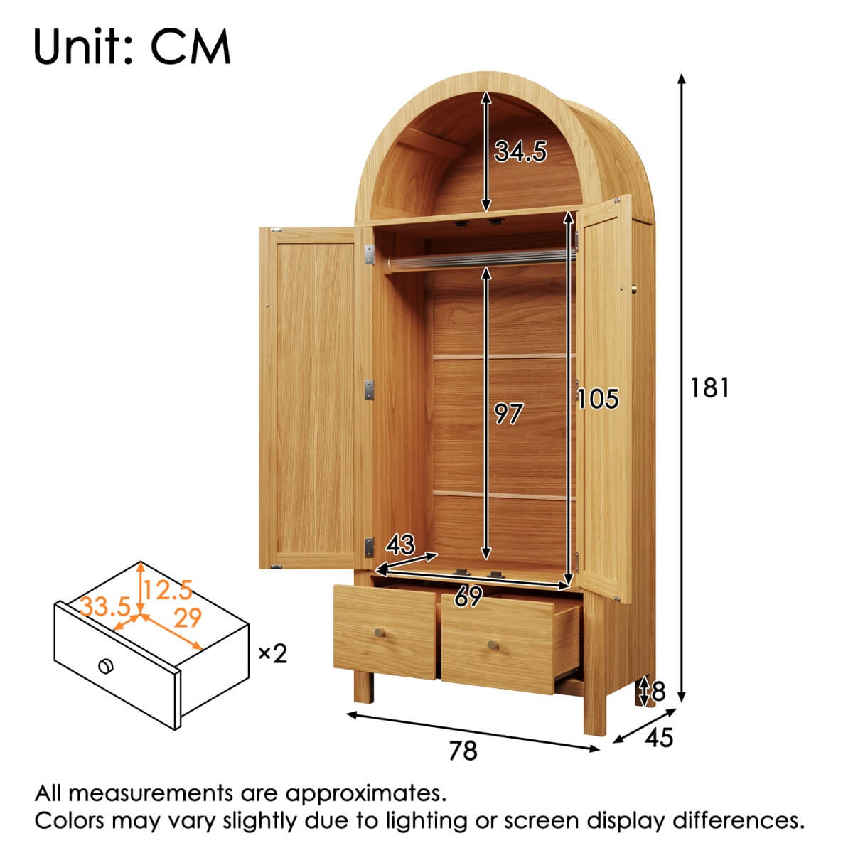 Rattan 2-Door Wardrobe with Arched Top - Hanging Rail, 2 Drawers and Magnetic Door Closures, Oak Effect