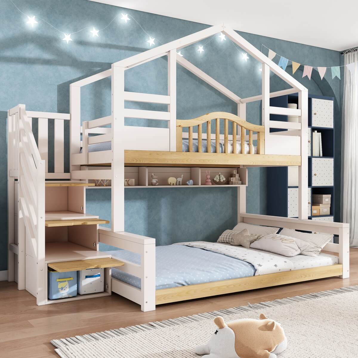 Kids Bunk Bed with Stairs - Storage Drawers, House Design, Solid Wood, White and Natural