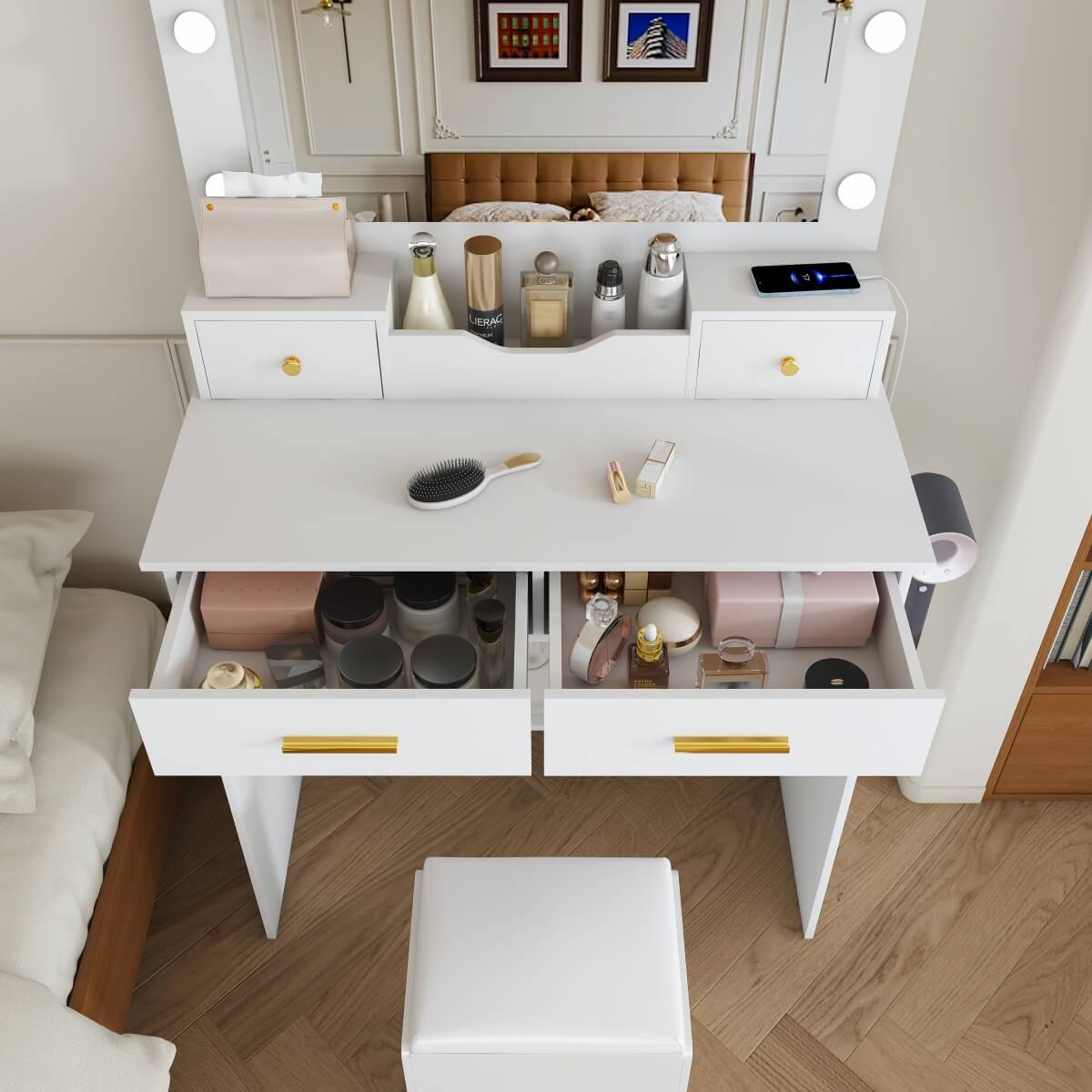 Makeup Vanity Desk with Mirror - 9 Hollywood Lights, 4 Drawers, Open Storage, Power Socket, Hair Dryer Holder & Stool, White