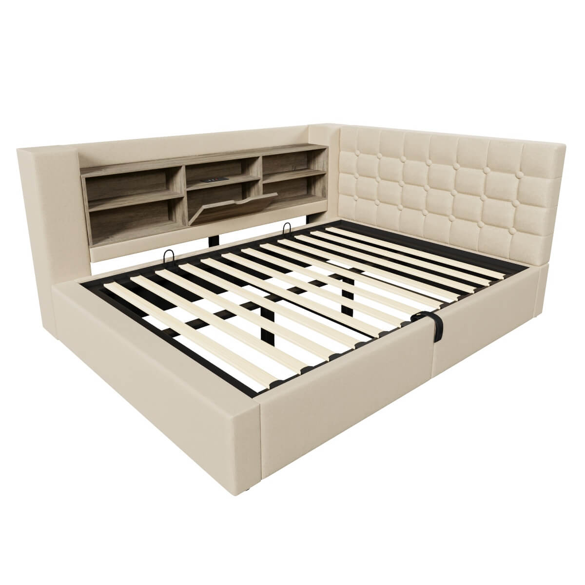 4ft6 Double Upholstered Sofa Bed with Hydraulic Storage - Linen Daybed with USB and Type-C Charging Station, Beige