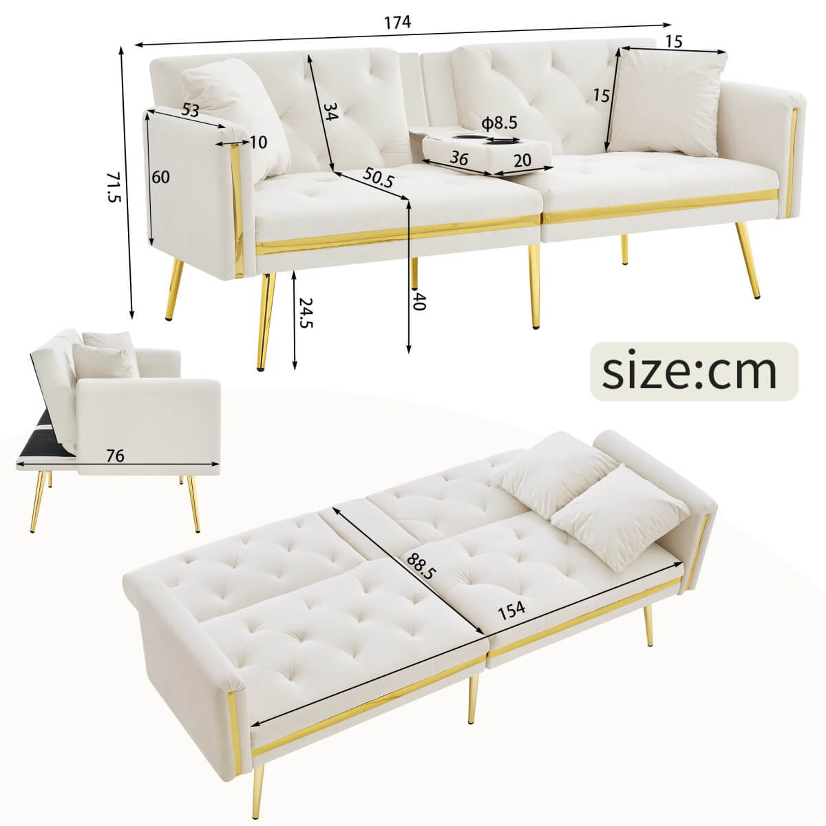 2-Seater Convertible Sofa Bed – Adjustable Backrest with Gold Accents and Built-in Cup Holders