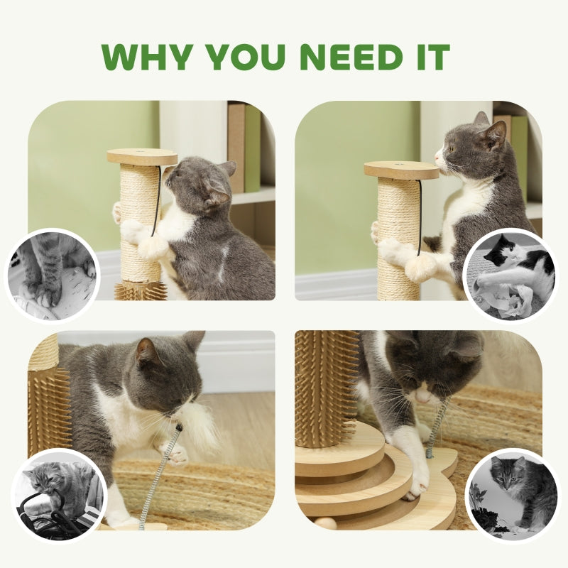 Cat Scratching Post, 49cm 5-in-1 Sisal Post, Track Ball, Self Grooming Brush, Hanging Toy Ball, Feather, Oak Tone