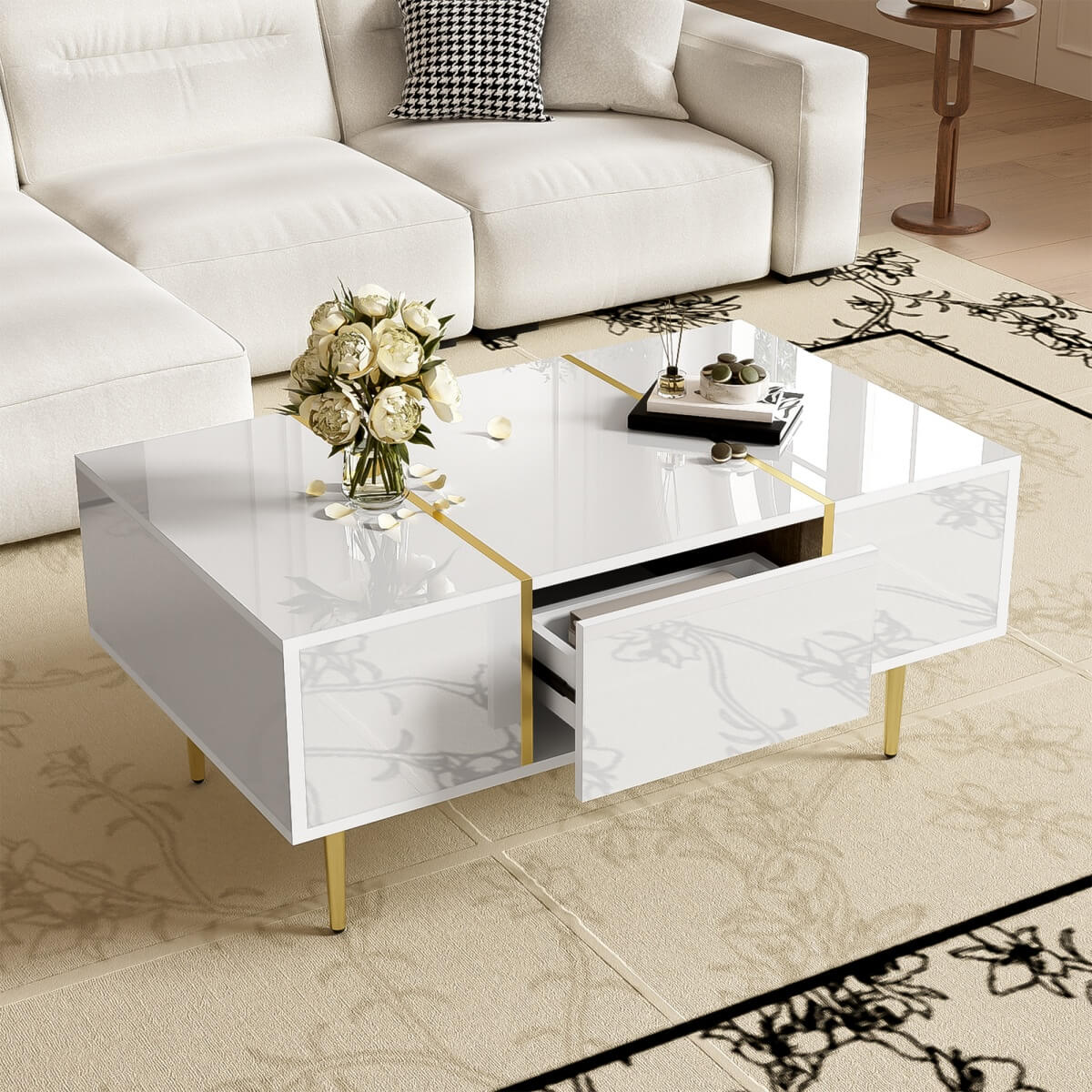 White High-Gloss Coffee Table – Modern Centre Table with 2 Drawers