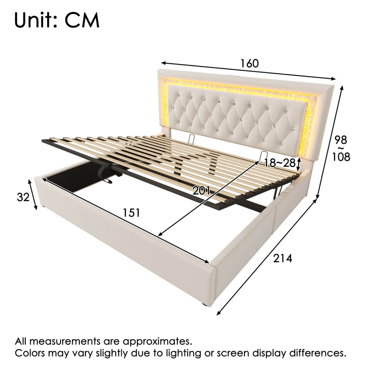 5ft King Size Velvet Storage Bed with LED Lights - Hydraulic Lift Bed Frame with USB Type-C Charging