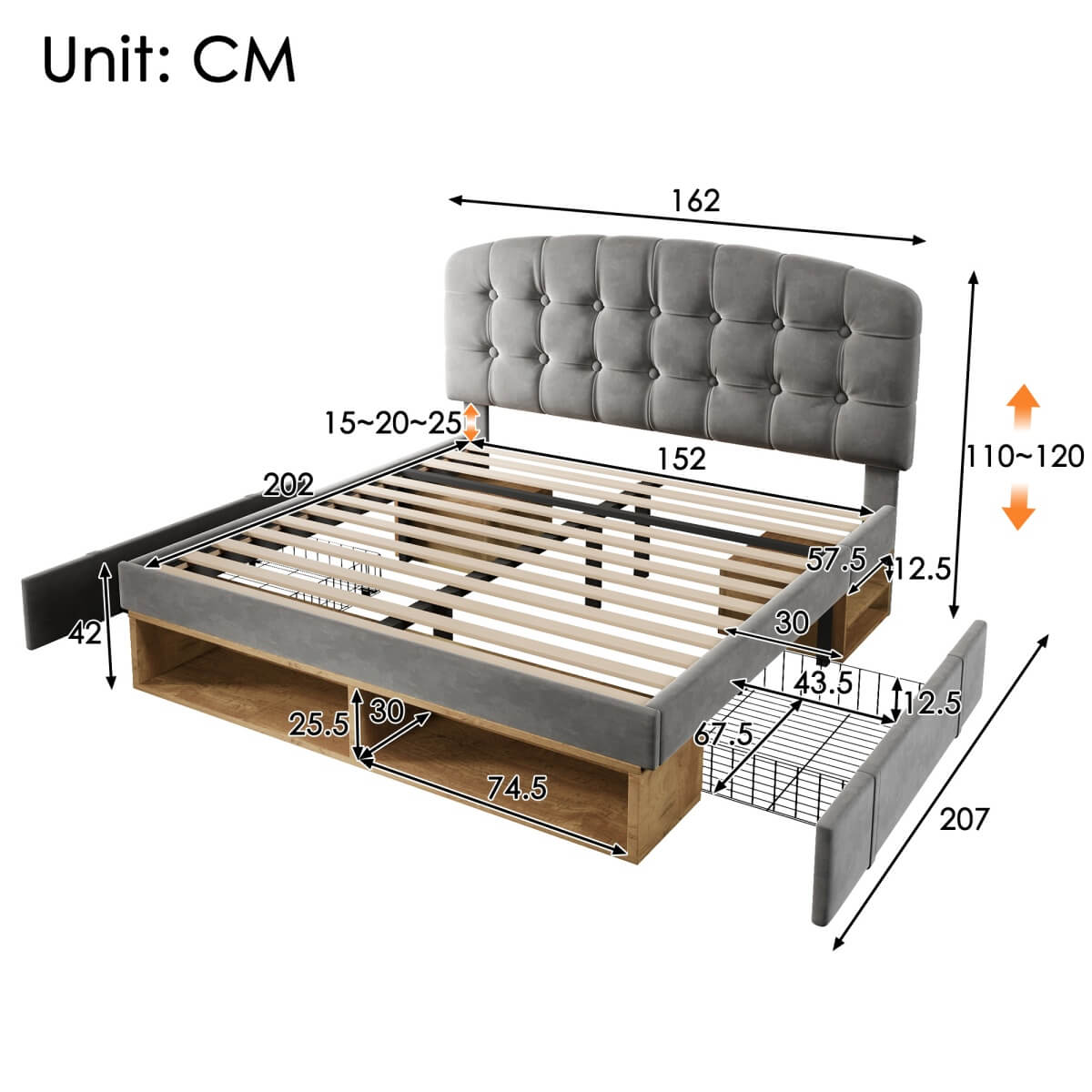 5ft King Velvet Storage Bed - Upholstered Bed Frame with Drawers and Adjustable Headboard, Grey