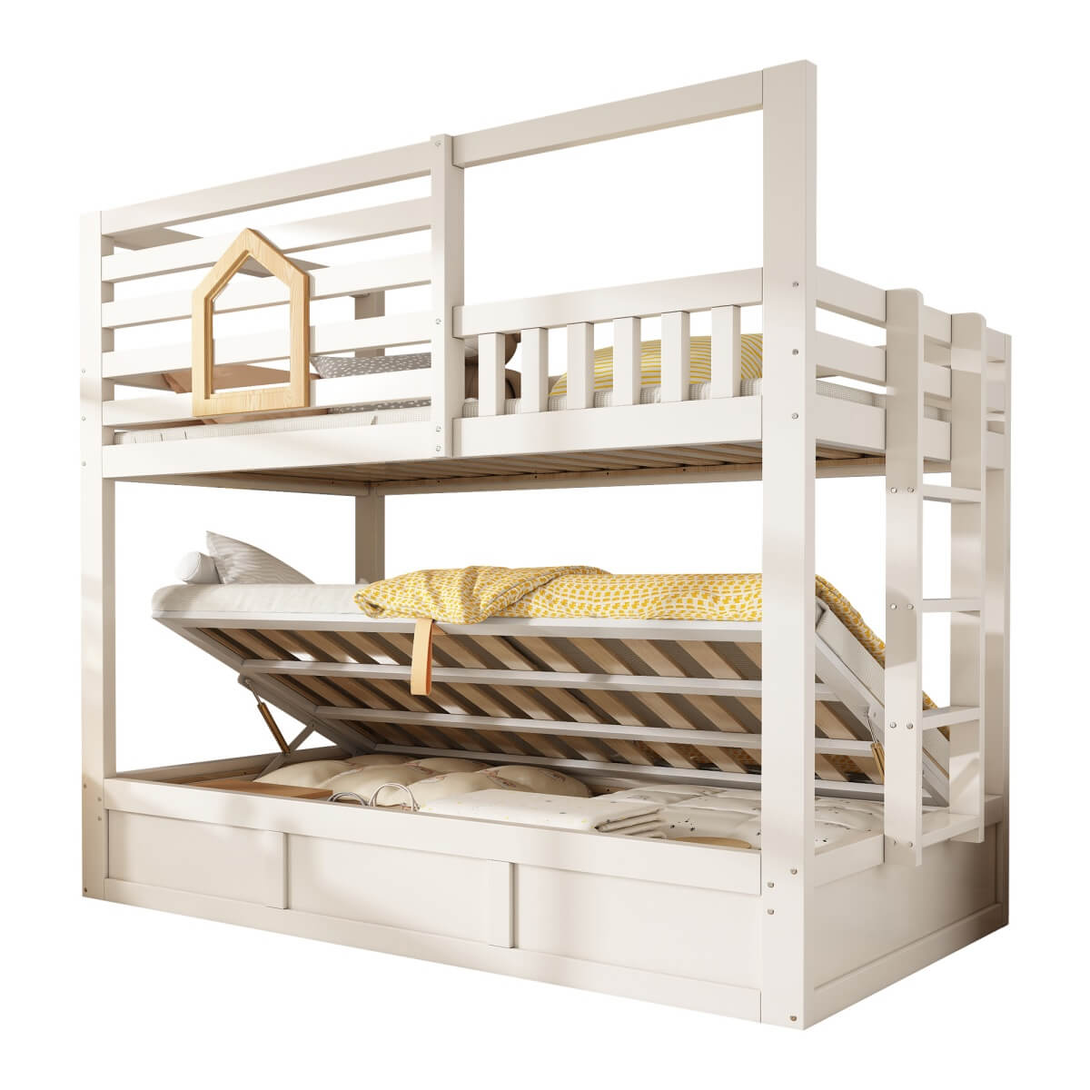 Kids Cabin House Bunk Bed with Storage - Wooden Twin Sleeper Bed with Ladder, White