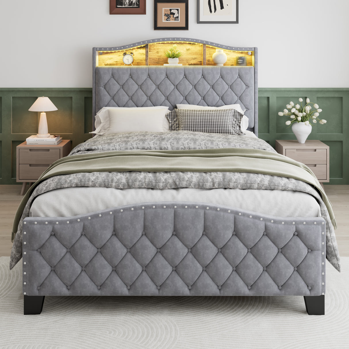 Upholstered Bed, 4ft6 double bed 135x190cm, Storage Bed, Soft backrest, With bed slats, With LED light strip, For adults & teenagers, Velvet, Grey