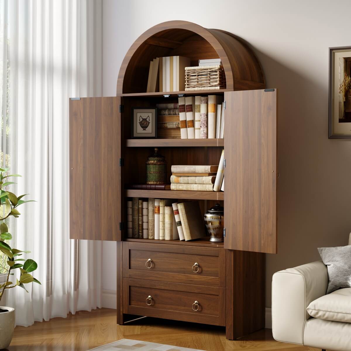 Rattan Effect Sideboard with 2 Drawers - Vintage Storage Cabinet with Arched Design for Living Room and Bedroom, Walnut