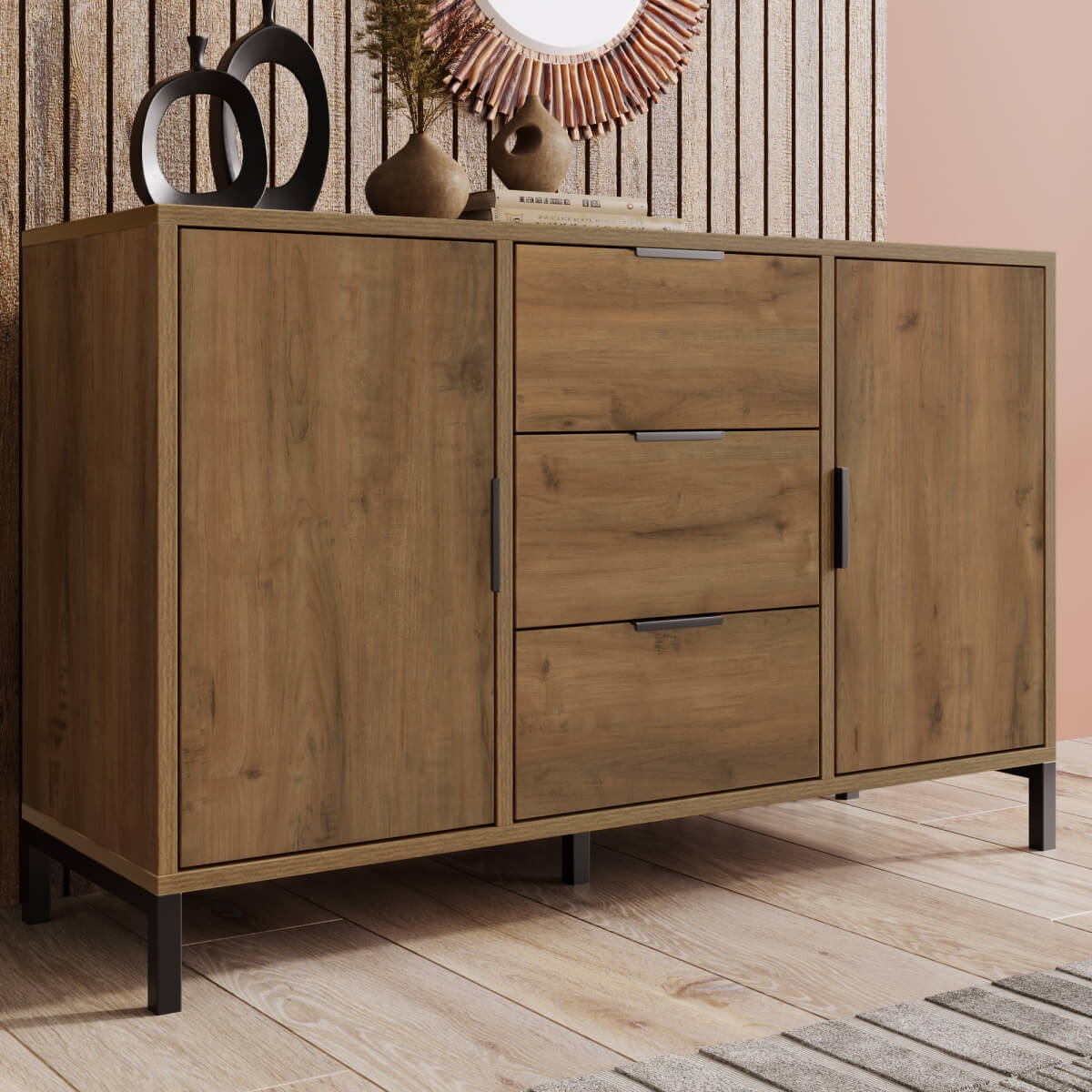 Sideboard Cabinet with 2 Doors and 3 Drawers - Storage Unit with Adjustable Shelf