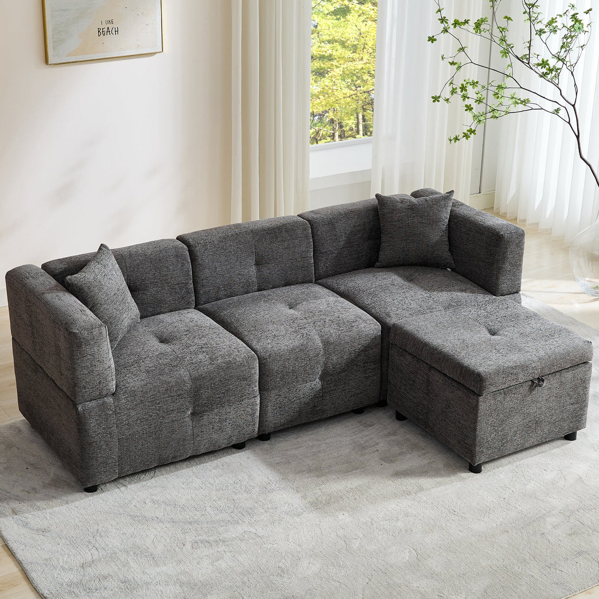 80" Sectional Sofa Couch with Removable Storage Ottoman, L-Shaped, Fabric, Grey