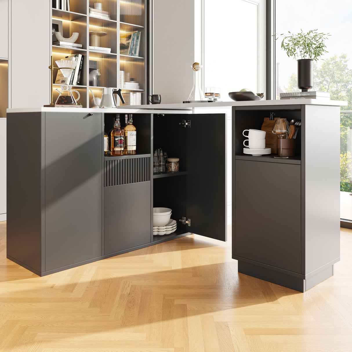 360¡ã swivelling bar table (main body 198.5 x 30 x 75 cm), modern and sleek design, with open storage space and marble worktop, suitable for kitchen, living room and dining room, black