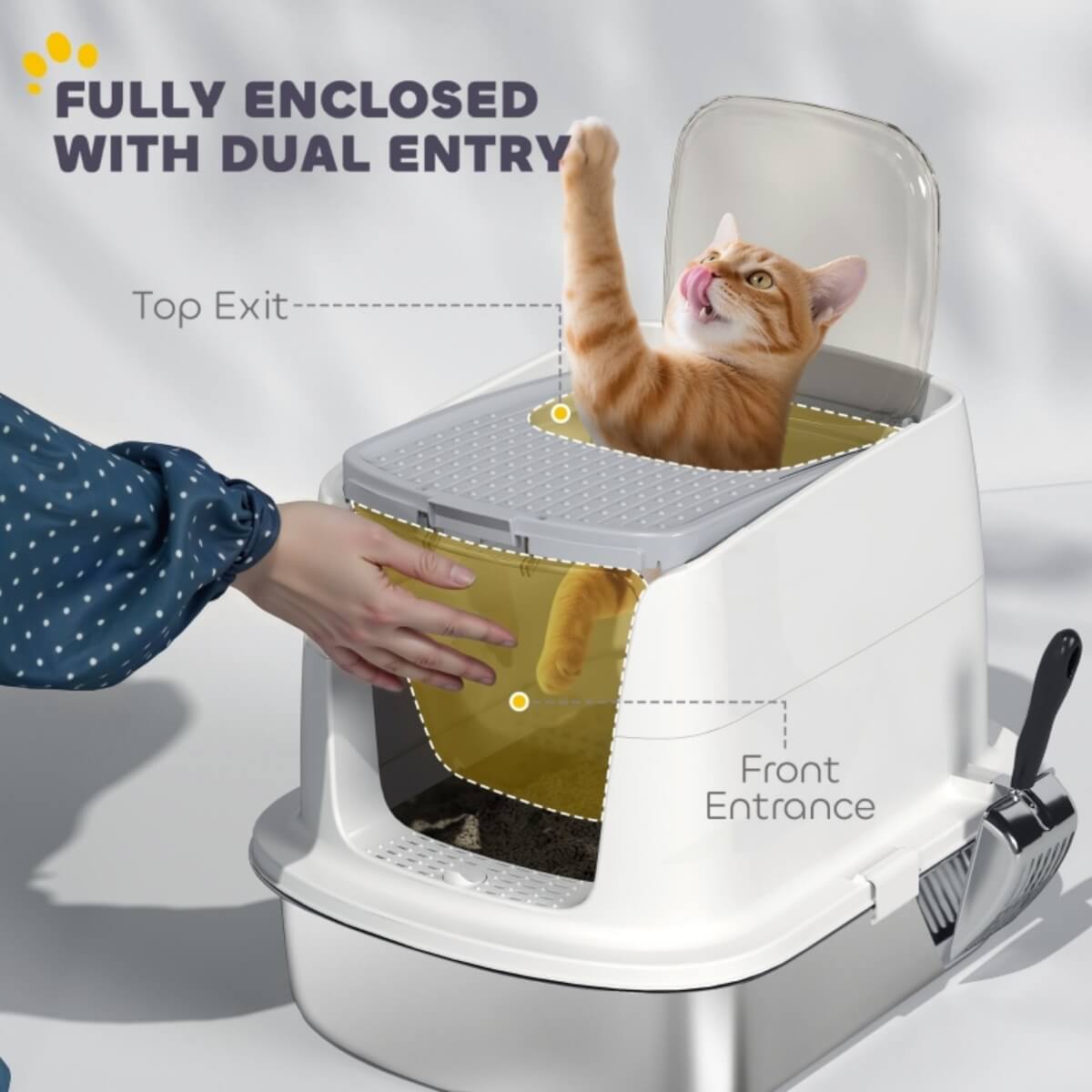 Large Stainless Steel Cat Litter Box – Enclosed Front Entry & Top Exit Tray with Scoop & Deodoriser Bag