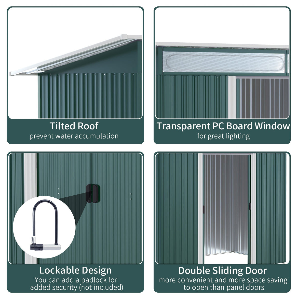 Metal Shed 8.5 x 4ft, Lightsky Panels, Double Doors, Green