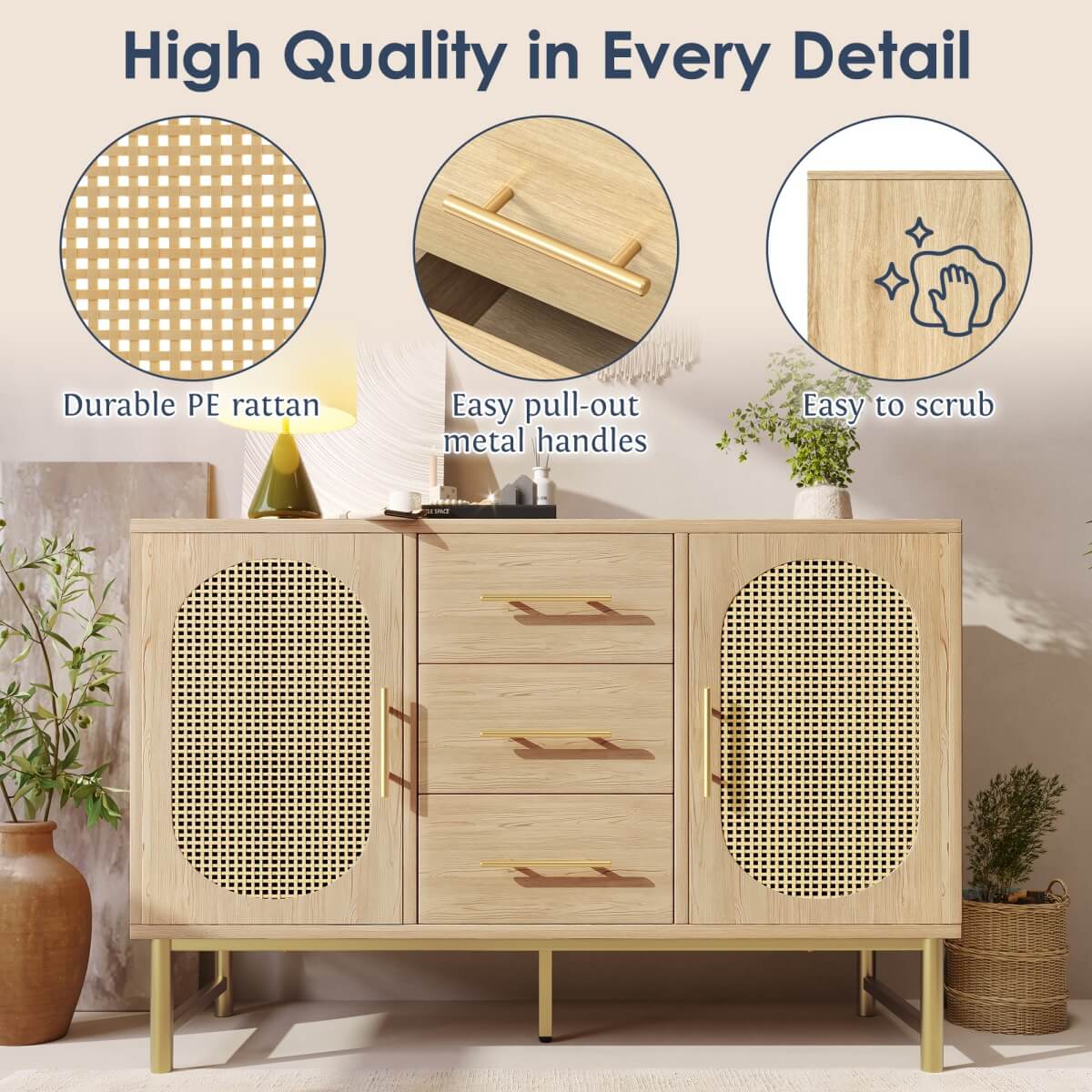 Rattan Sideboard Cabinet with 2 Doors & 3 Drawers - Wooden Storage Cupboard for Living Room, Oak