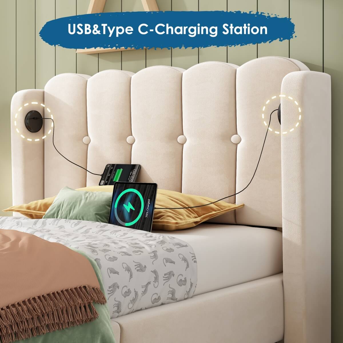 3ft Single Upholstered Bed - Velvet Bed Frame with USB & Type-C Charging, Wooden Slats, Beige