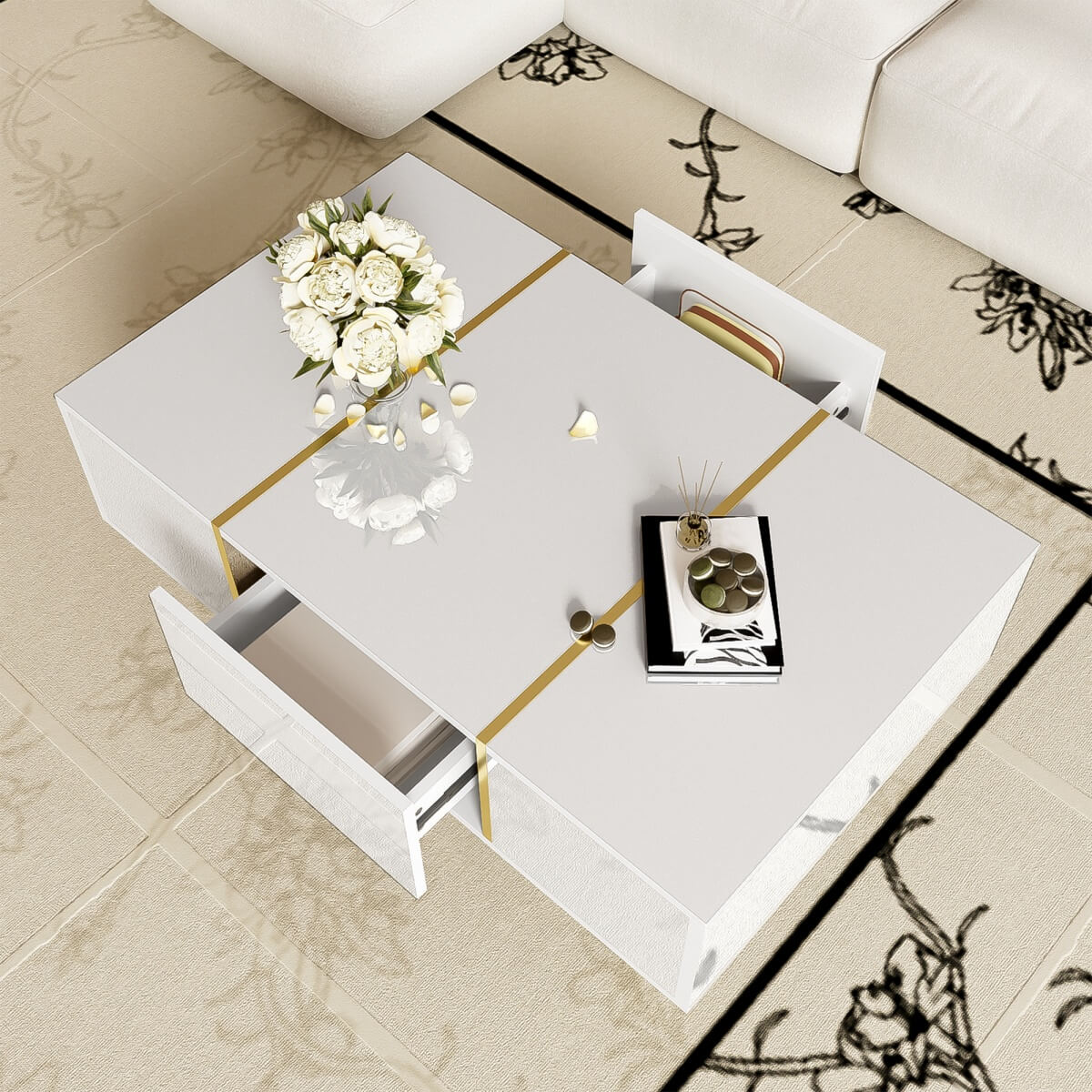 White High-Gloss Coffee Table – Modern Centre Table with 2 Drawers