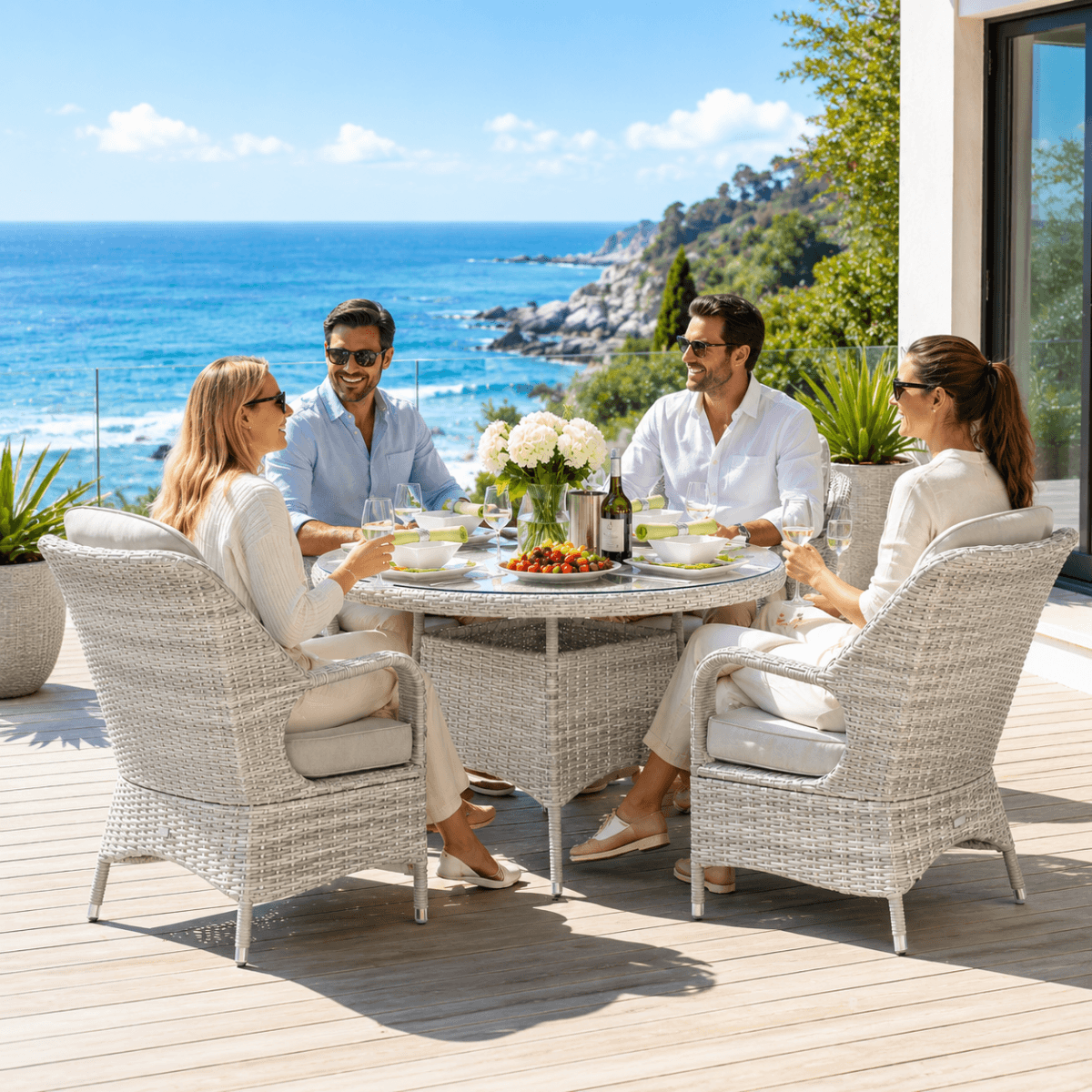 4 Seater Outdoor Rattan Dining Set - Round Garden Table with Tempered Glass Top & Parasol Hole