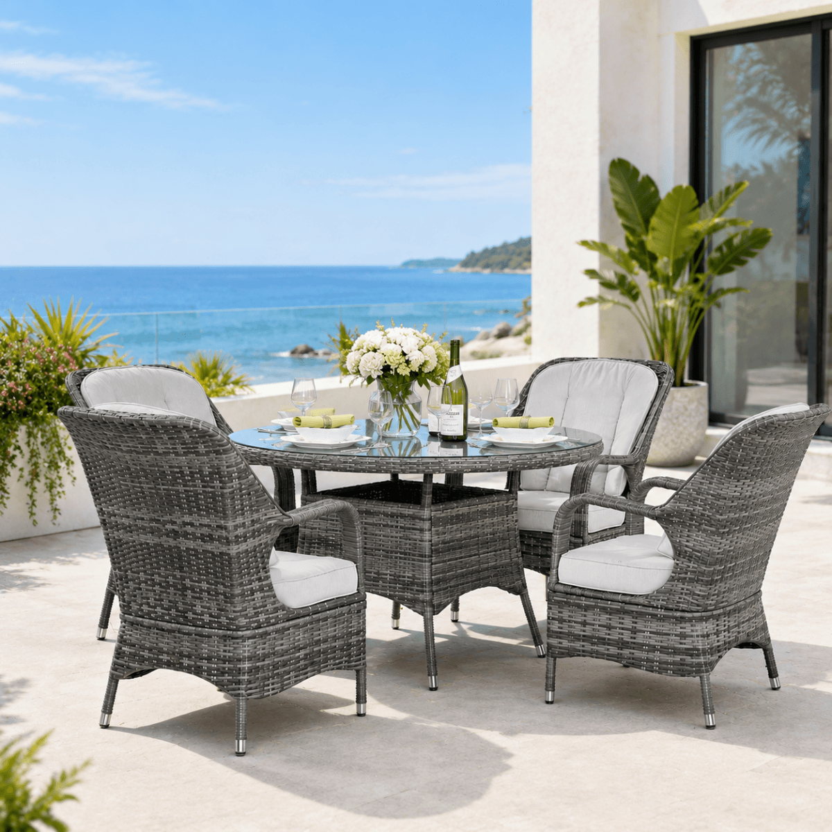 4 Seater Outdoor Rattan Dining Set - Round Garden Table with Tempered Glass Top & Parasol Hole