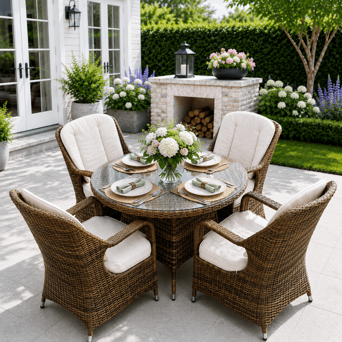 4 Seater Outdoor Rattan Dining Set - Round Garden Table with Tempered Glass Top & Parasol Hole