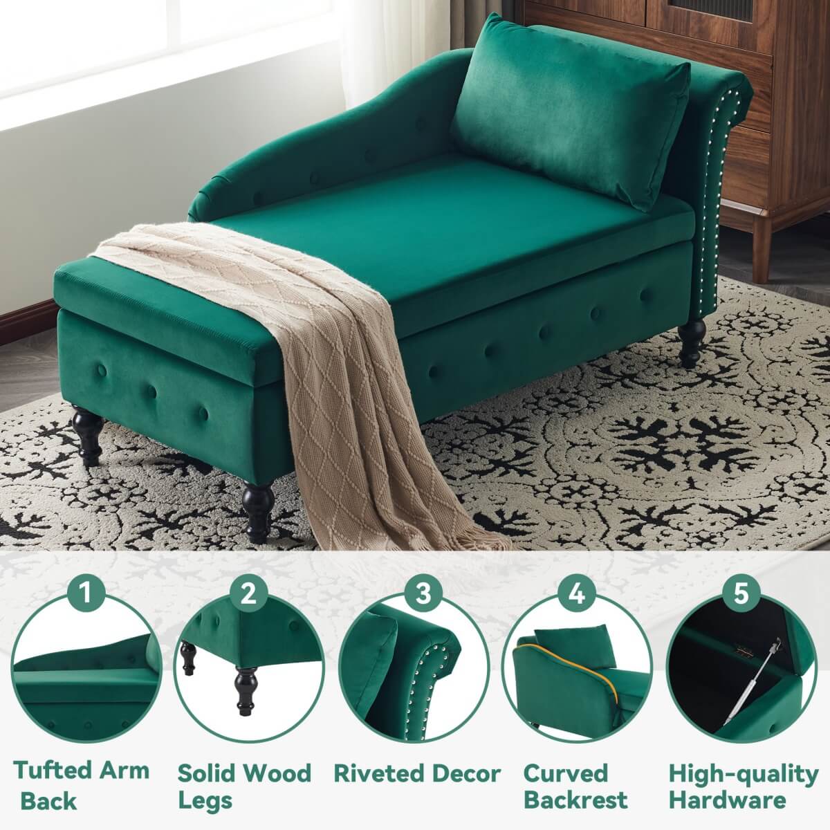 Velvet Chaise Lounge with Storage - Tufted Upholstered Sofa, Right Armrest, Green