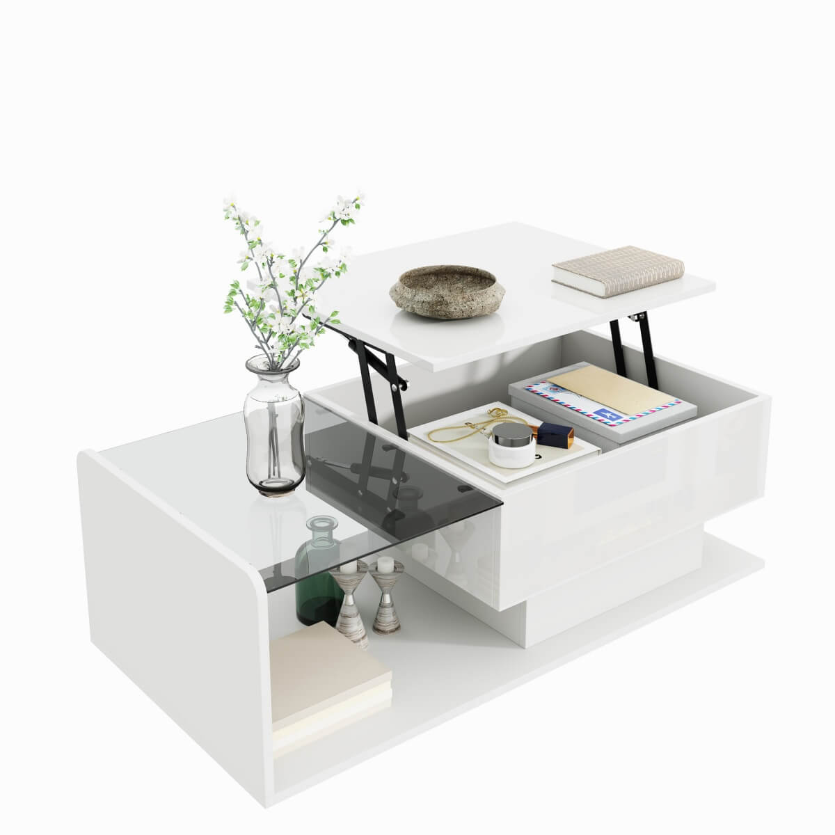 High Gloss White Coffee Table with Glass Top – Modern LED Side Table for Living Room