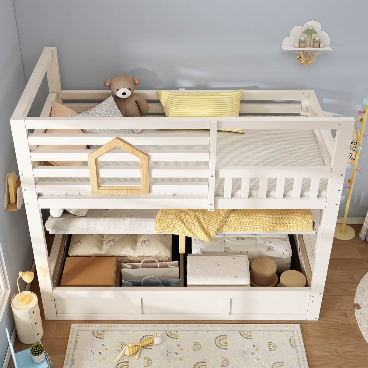Kids Cabin House Bunk Bed with Storage - Wooden Twin Sleeper Bed with Ladder, White