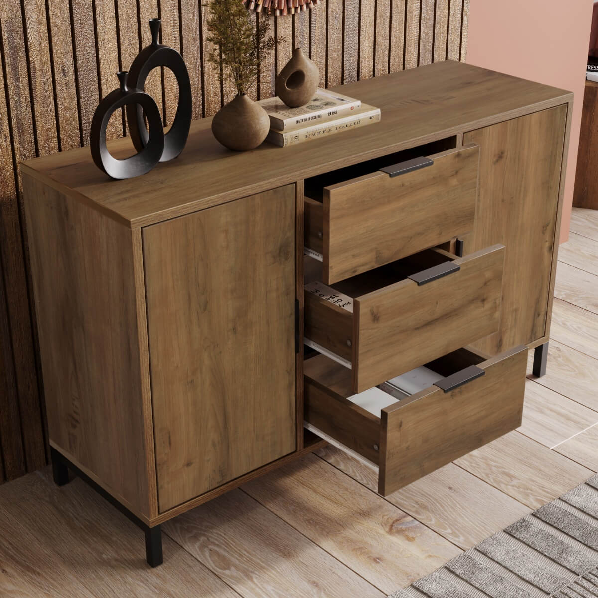 Sideboard Cabinet with 2 Doors and 3 Drawers - Storage Unit with Adjustable Shelf