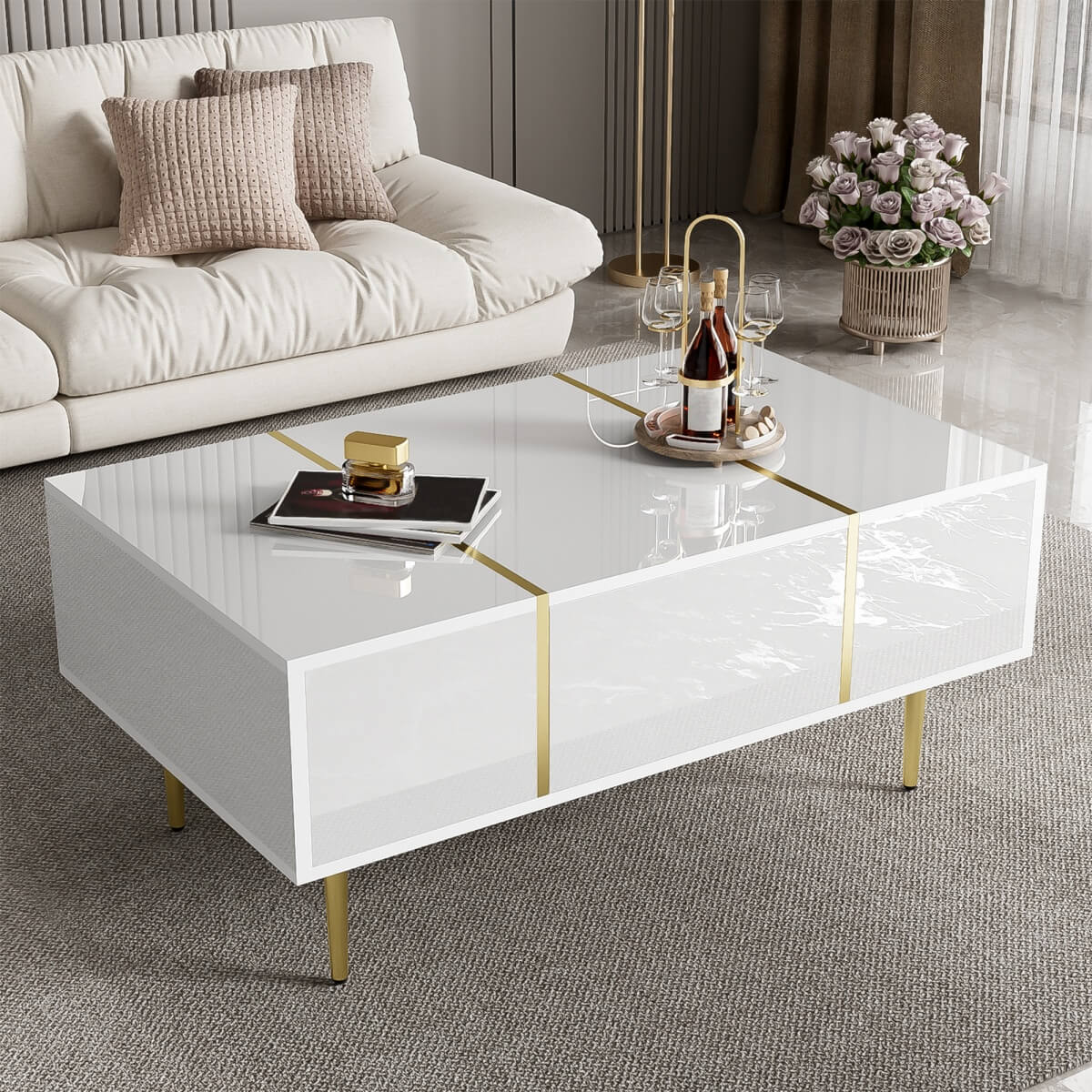 White High-Gloss Coffee Table – Modern Centre Table with 2 Drawers