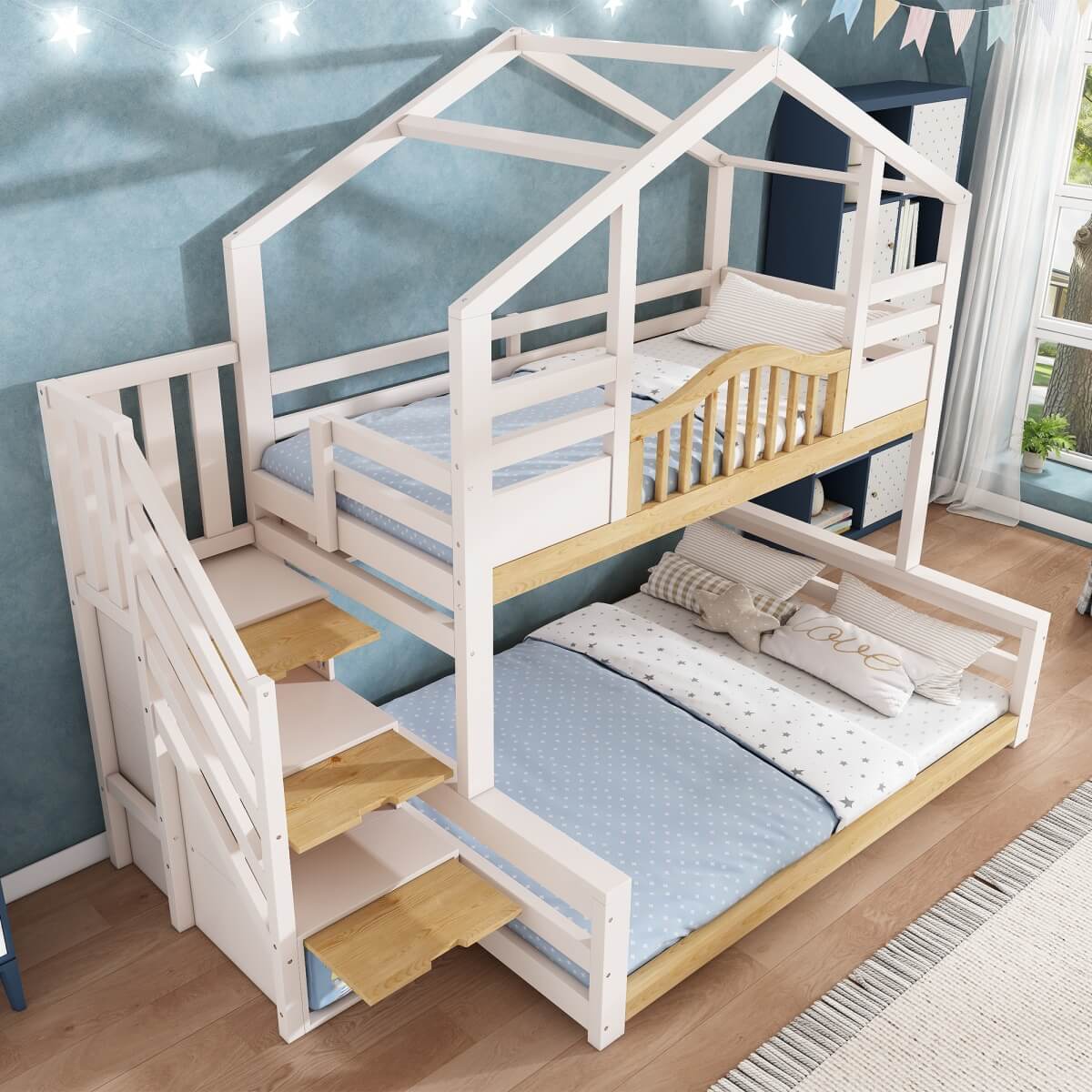 Kids Bunk Bed with Stairs - Storage Drawers, House Design, Solid Wood, White and Natural