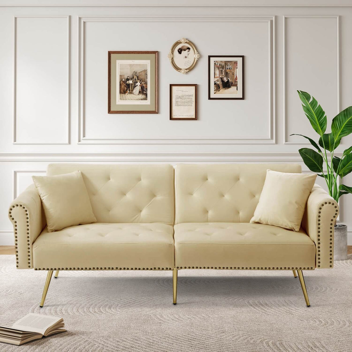 2-Seater Modern Sofa Bed – Velvet Upholstery with 3-Stage Adjustable Backrest and Gold Metal Feet, Space-Saving Convertible Sofa for Small Spaces