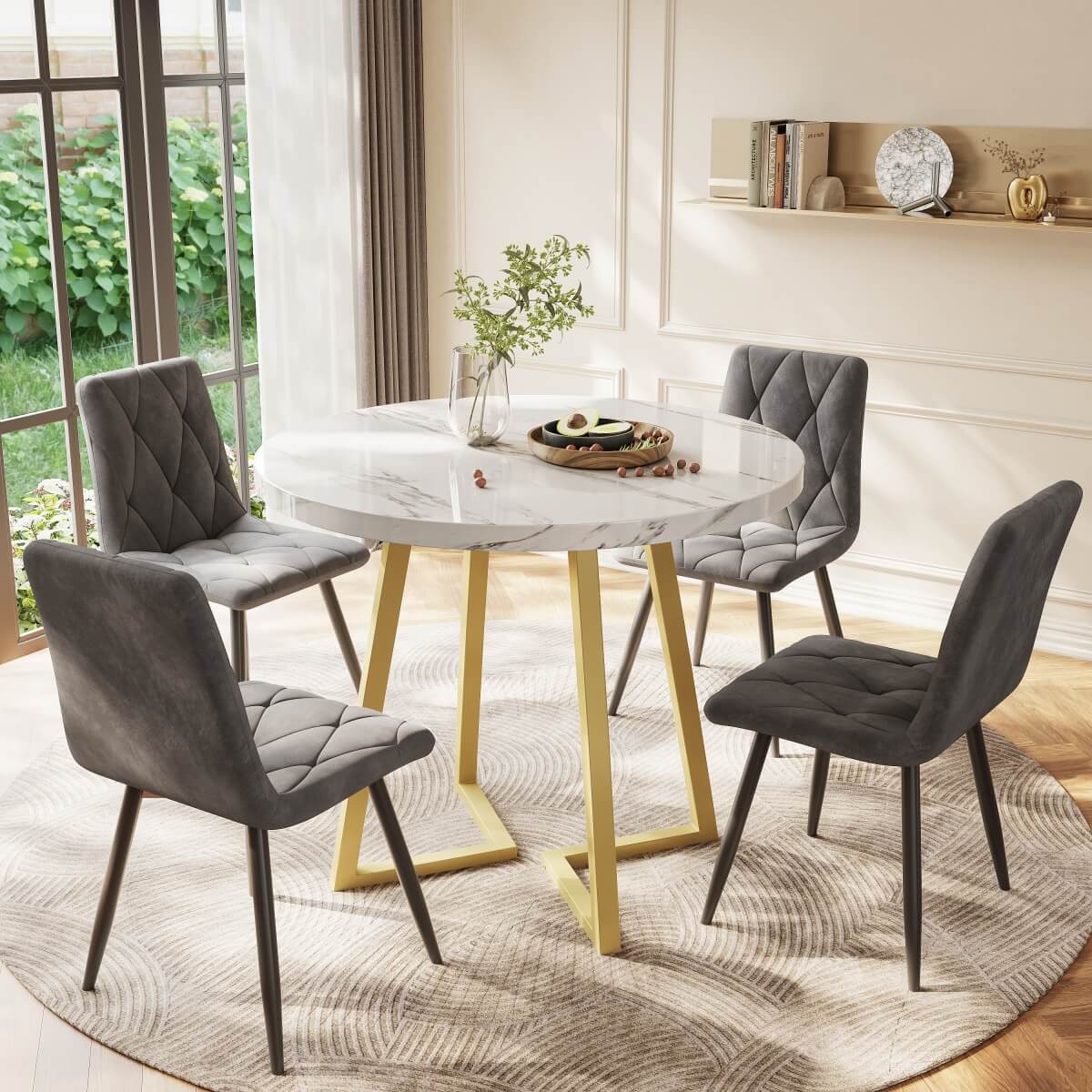 Round Dining Table - Marble Effect Top, Metal Frame, Gold Base, 80x80x75cm