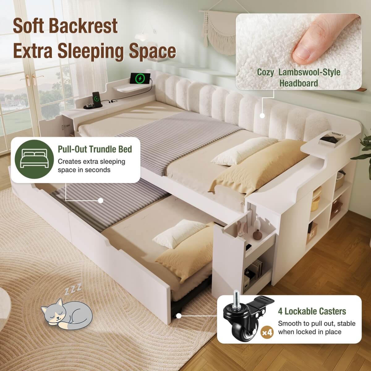 3ft Single Wooden Daybed with Pull-Out Trundle - Sofa Bed with Storage Cabinet and USB and Type-C Charging Station, White