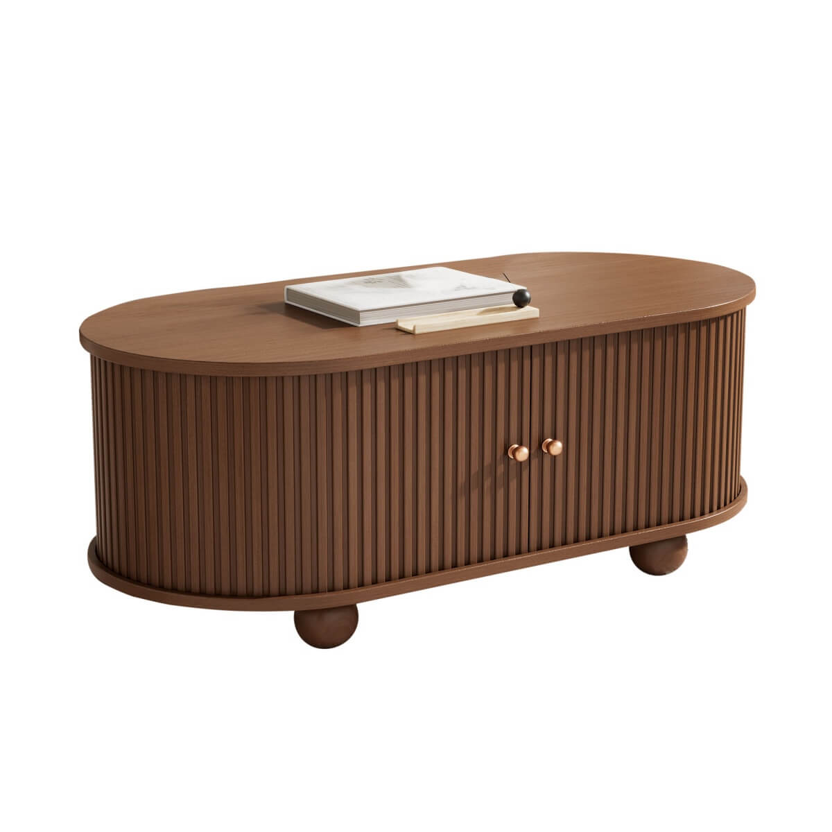 Oval Coffee Table – Oak MDF with 2 Sliding Doors, Hidden Storage Compartment