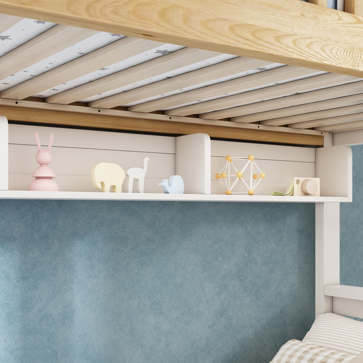 Kids Bunk Bed with Stairs - Storage Drawers, House Design, Solid Wood, White and Natural