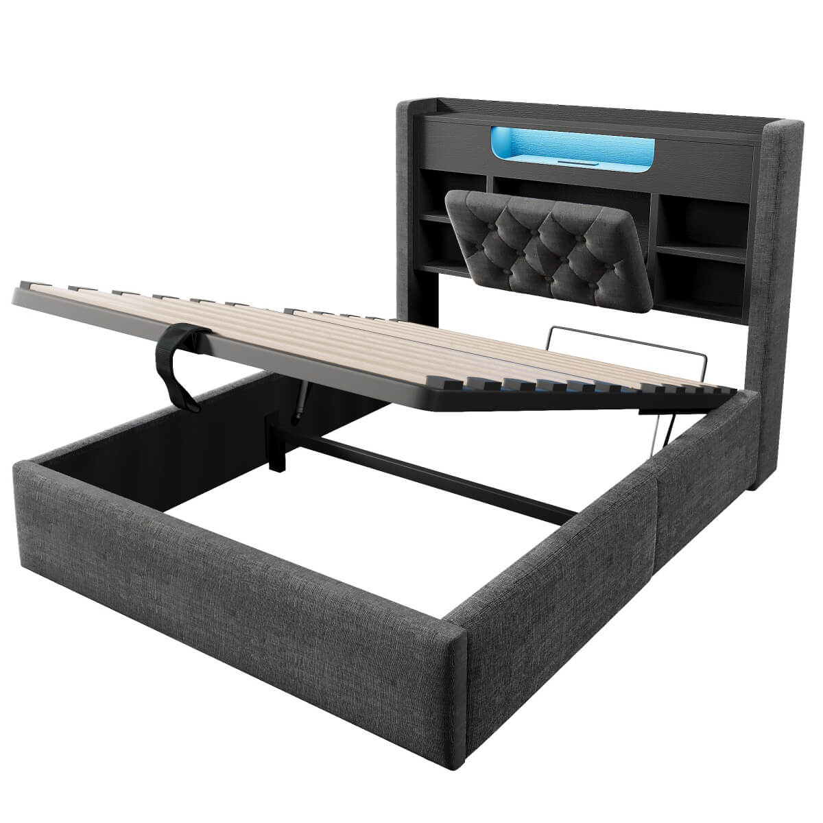 4ft6 Double Upholstered Storage Bed with Hydraulic Lift - LED Lighting & Charging Station, Linen, Grey