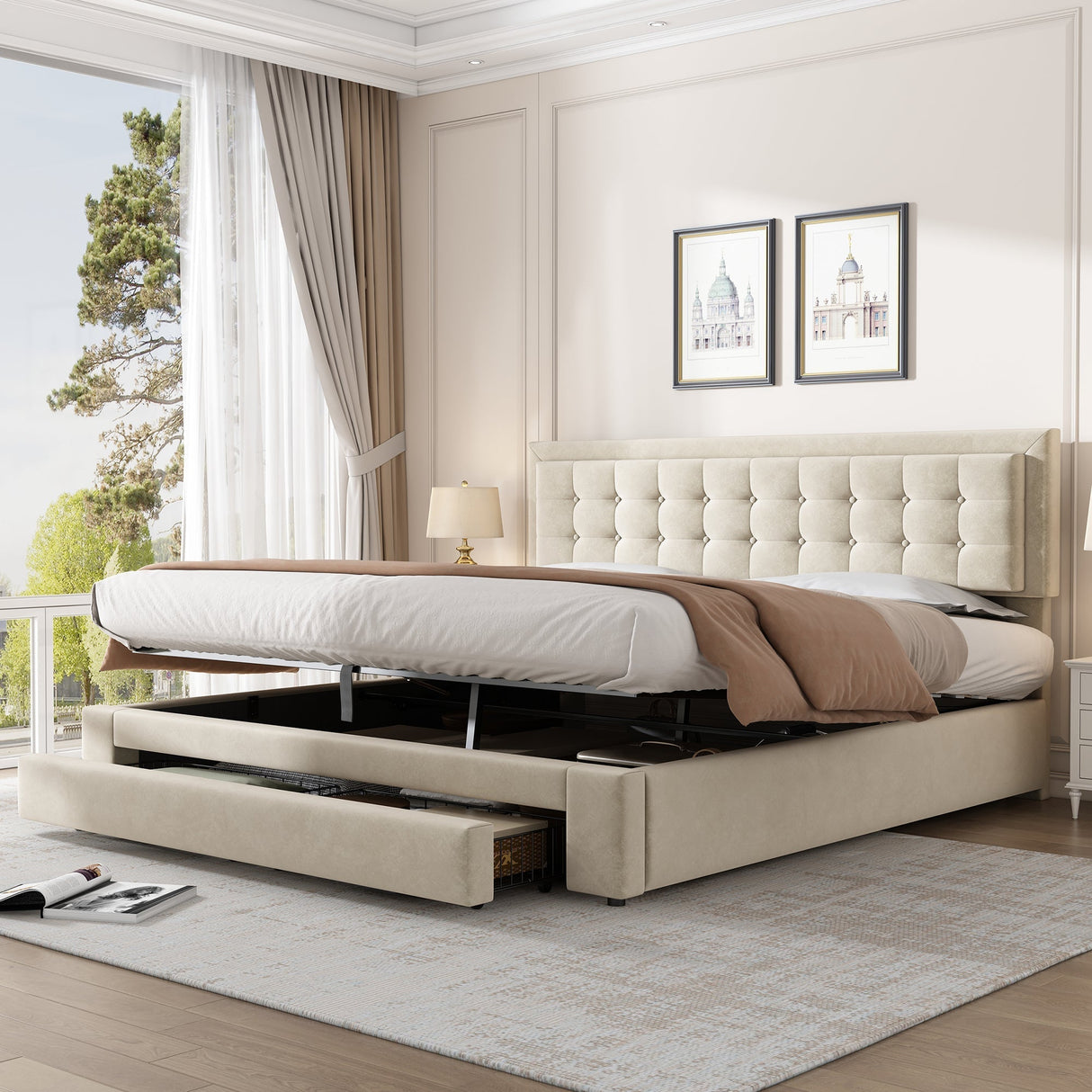 Upholstered Bed, Super King Size 6ft (180x200cm) with Storage, Slats and Headboard, Cream Velvet