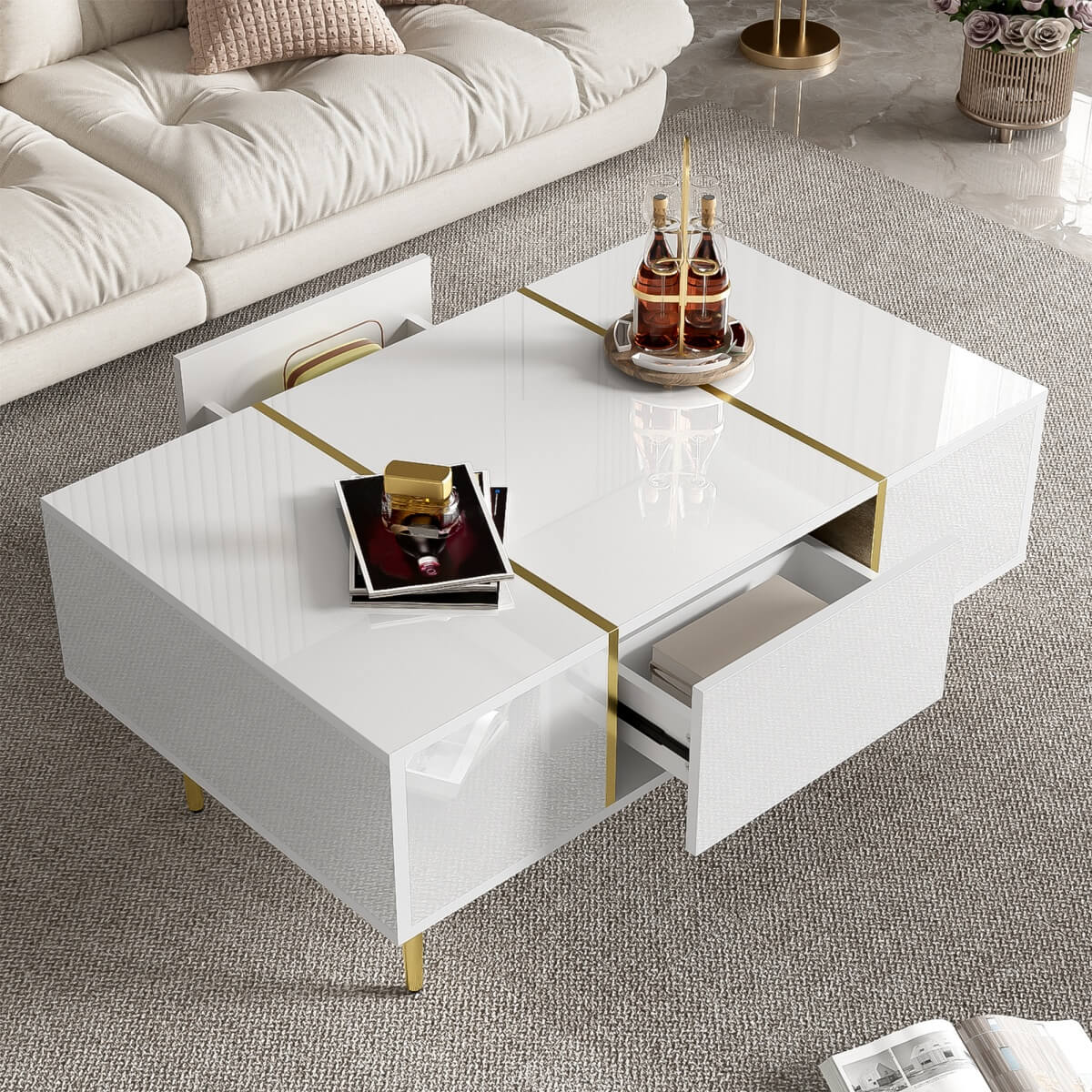 White High-Gloss Coffee Table – Modern Centre Table with 2 Drawers