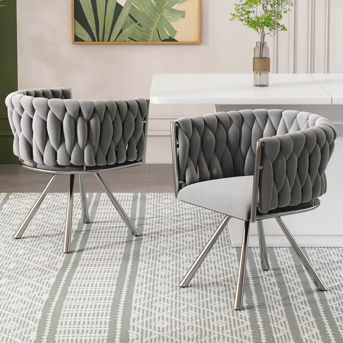 Set of 2 Velvet Swivel Dining Chairs - Upholstered Dining Chairs with 4 Metal Legs for Kitchen & Dining Room, Grey & Silver