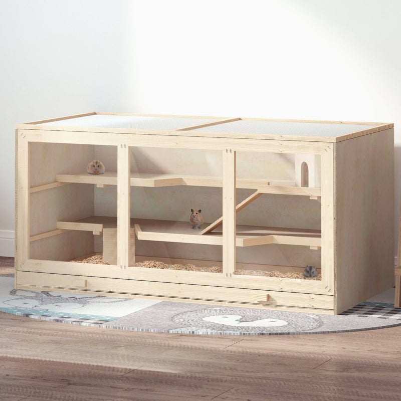 Hamster Cage with Tray, Openable Top, Exercise Play House, Natural Wood