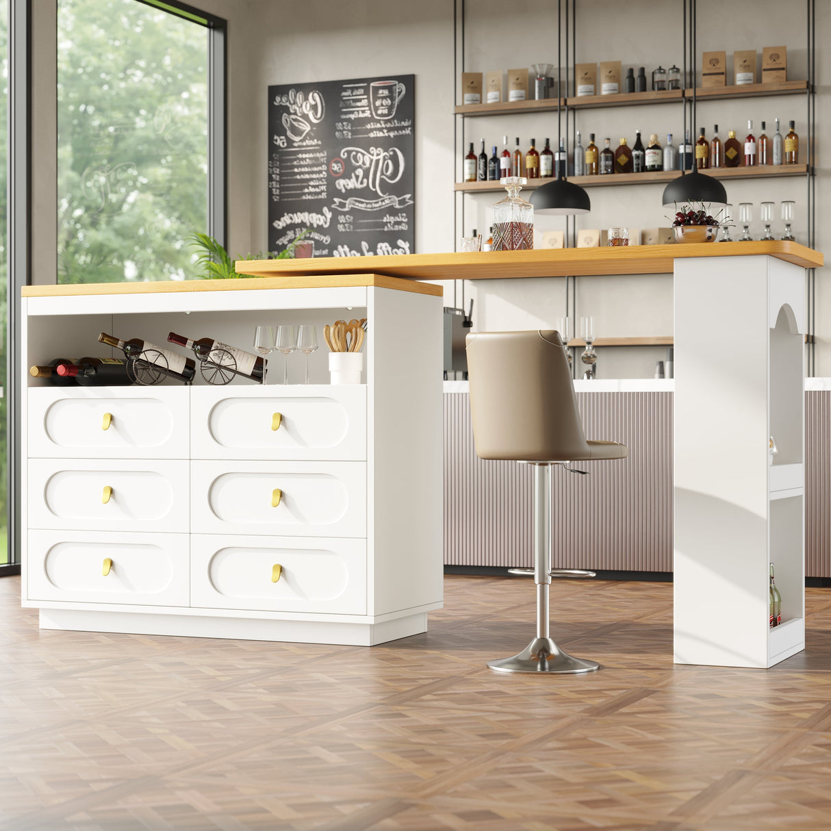 360?? Rotating Bar Table, Dining Kitchen Island with Storage, White