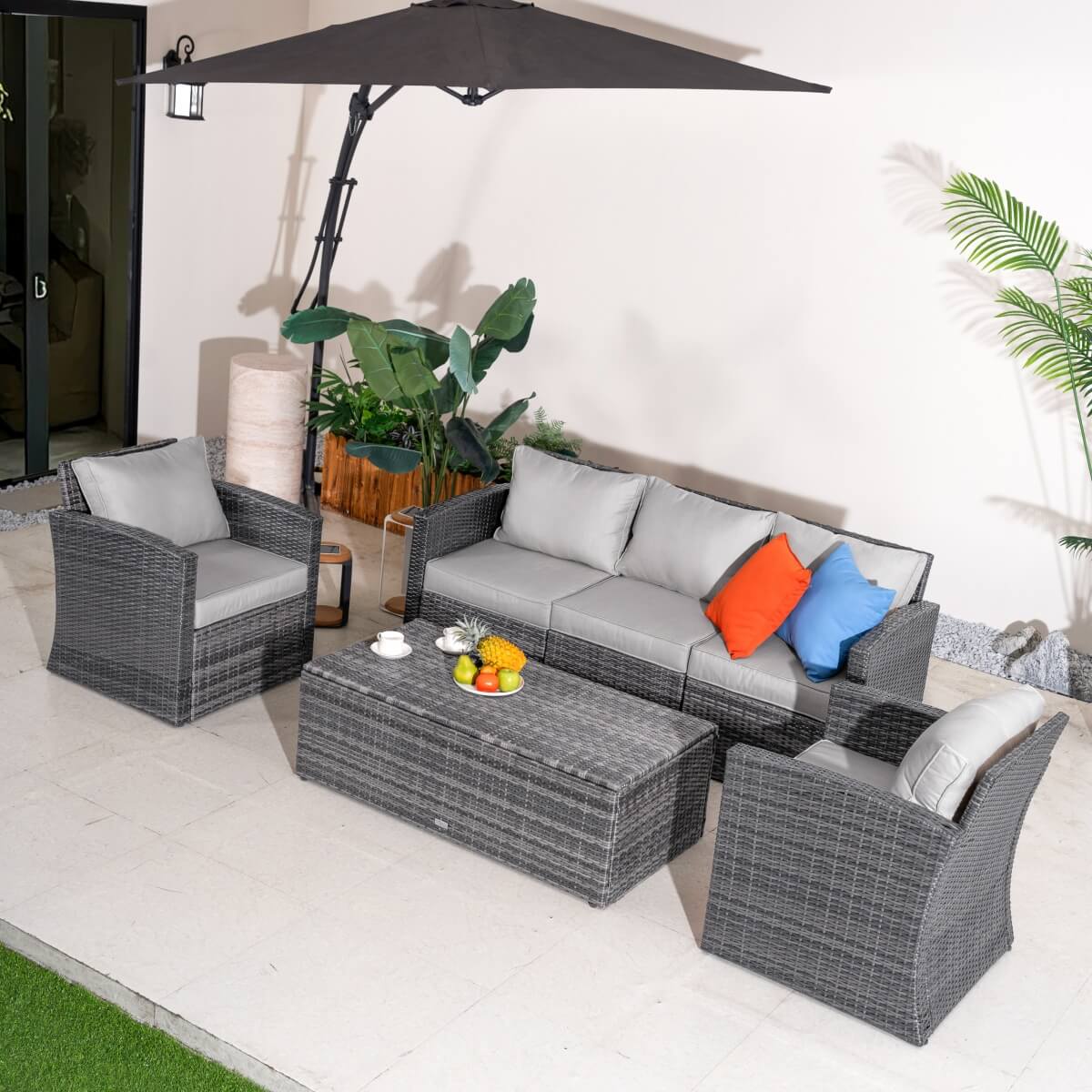 5 Seater Outdoor Garden Lounge Set - Rattan Sofa with Coffee Table Featuring Built-In Storage, Cushions Included