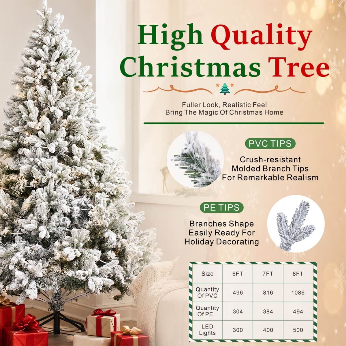 Realistic Snow-Flocked Green Artificial Christmas Tree - Full PVC & PE Mixed-Foliage Xmas Tree with Pre-Lit Warm White LED Lights & Faux Snow Effect, 6ft/7ft/8ft