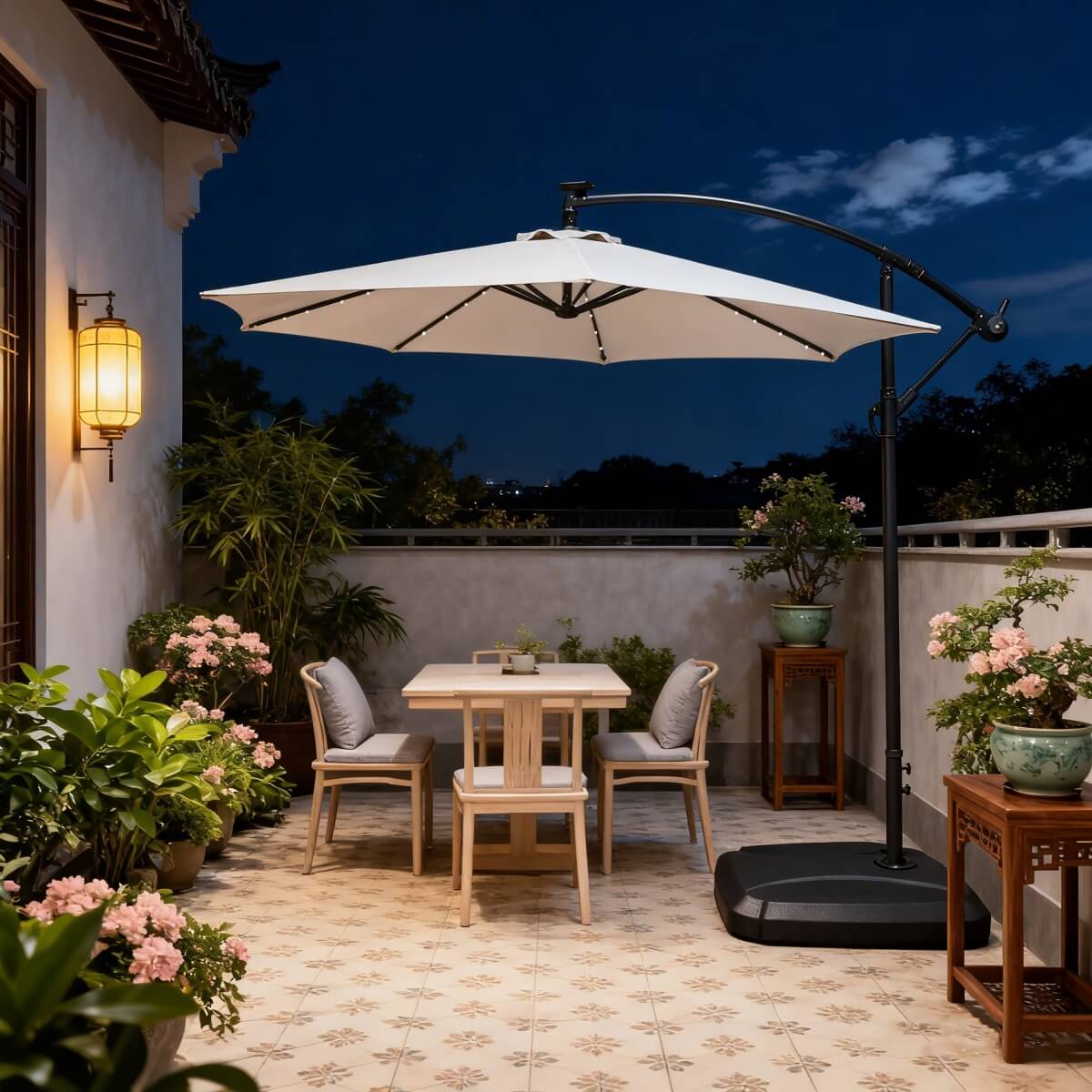 Banana-Style Outdoor Parasol with LED – 8-Rib Patio Umbrella with PA-Coated Canopy
