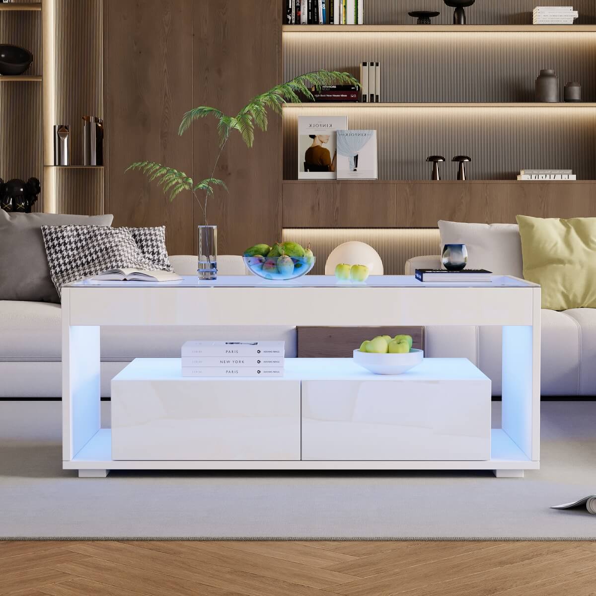 High Gloss LED Coffee Table - Centre Table with Open Storage & Drawers
