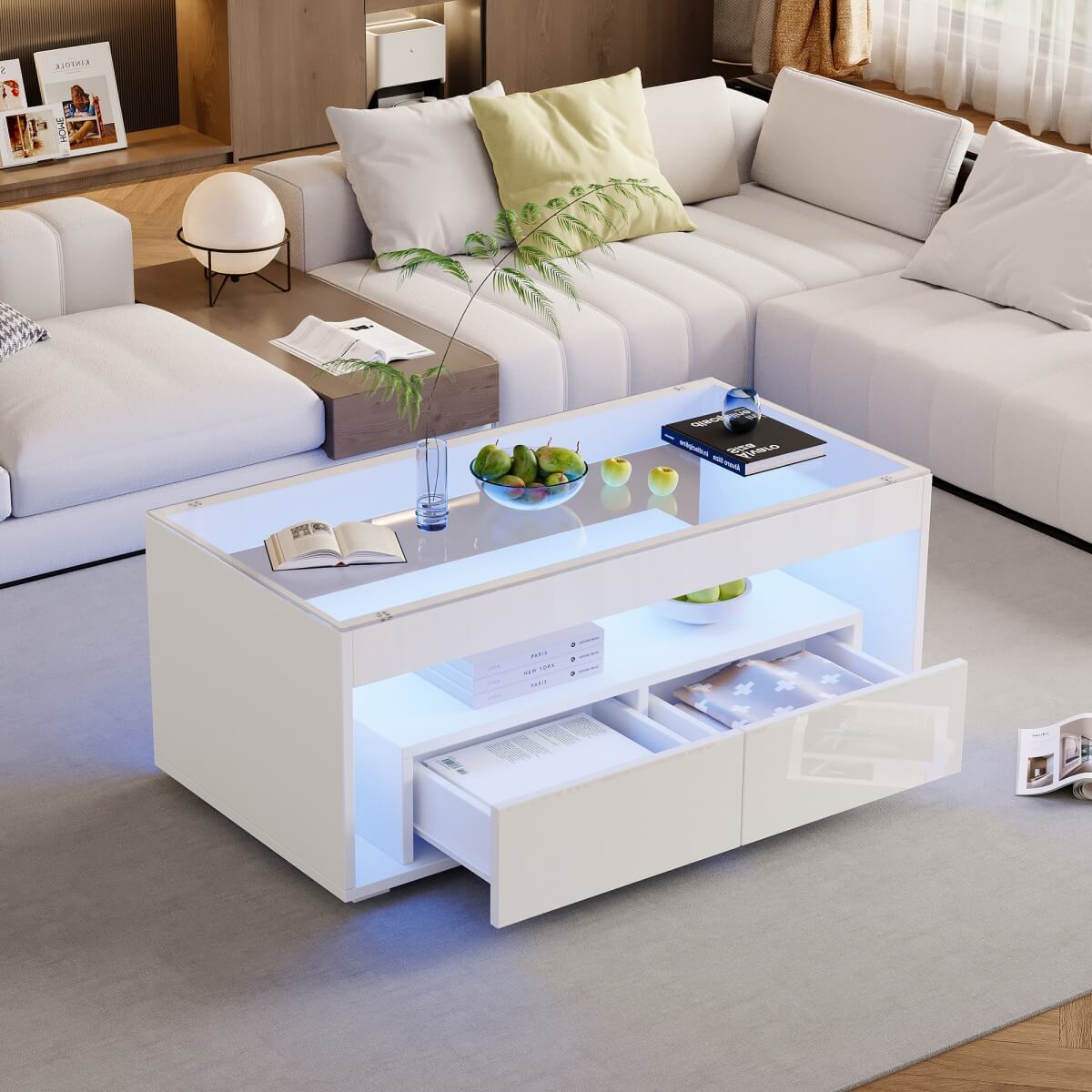 High Gloss LED Coffee Table - Centre Table with Open Storage & Drawers
