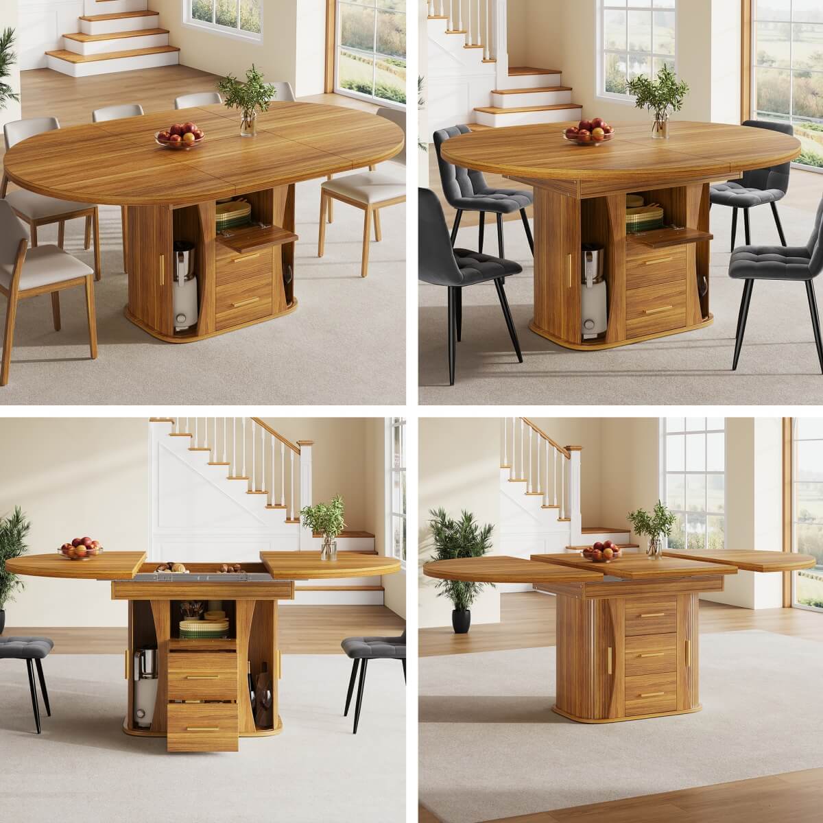 Extendable Round Dining Table 118–158cm - Kitchen Table Converts to Oval, Seats 6, 3-Tier Storage, Walnut