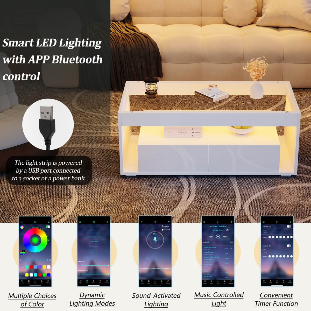 High Gloss LED Coffee Table - Centre Table with Open Storage & Drawers