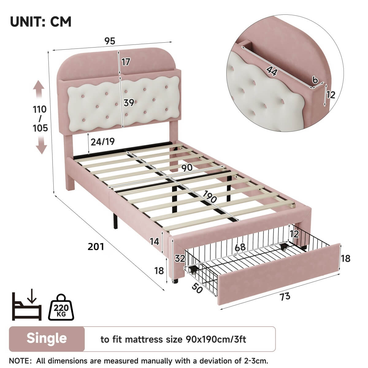 3ft Single Velvet Bed Frame - Cookie Shaped Headboard with Storage Drawer