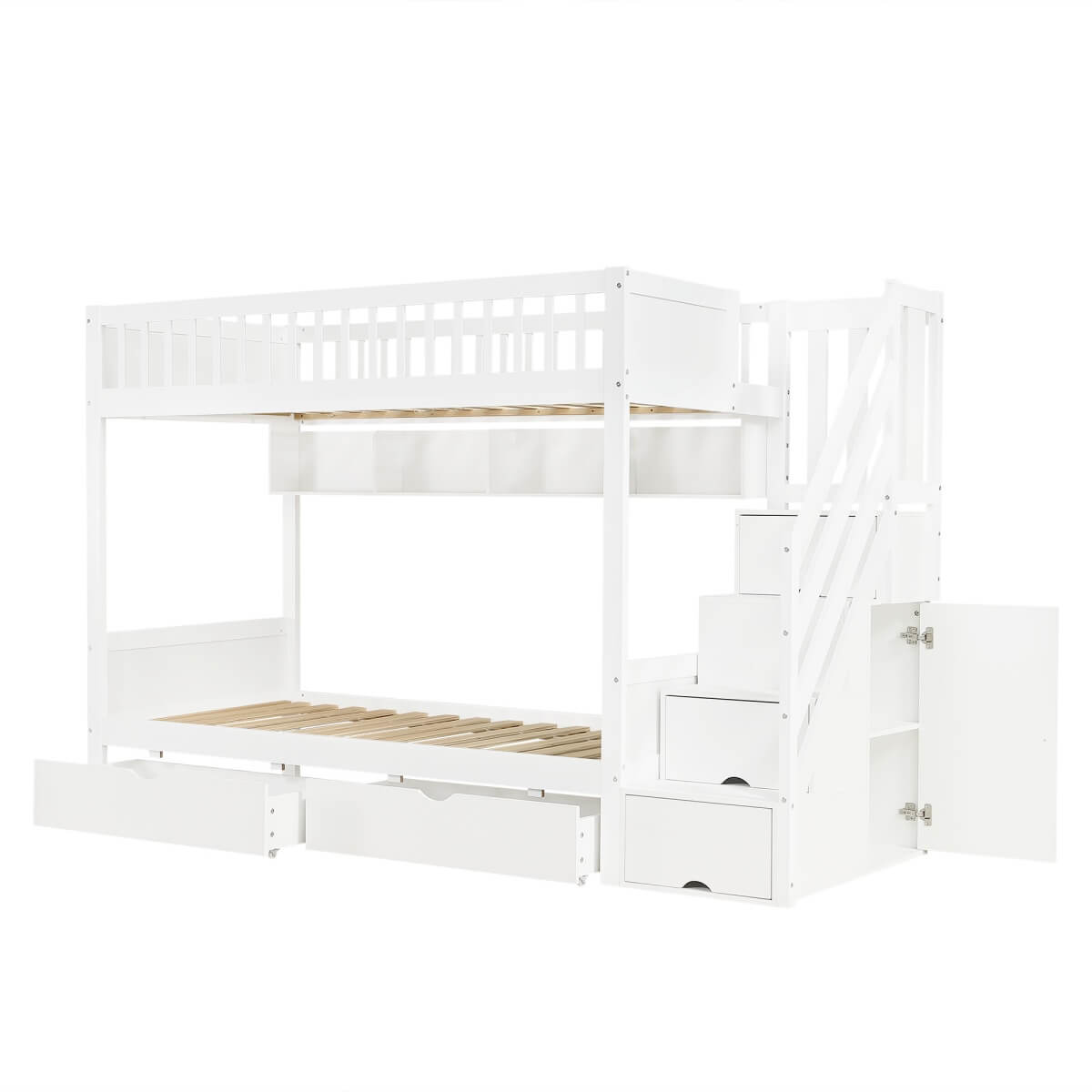 3ft Single Loft Bed with Storage - Solid Wood Cabin Bed with Stairs, Drawers & Shelves, White