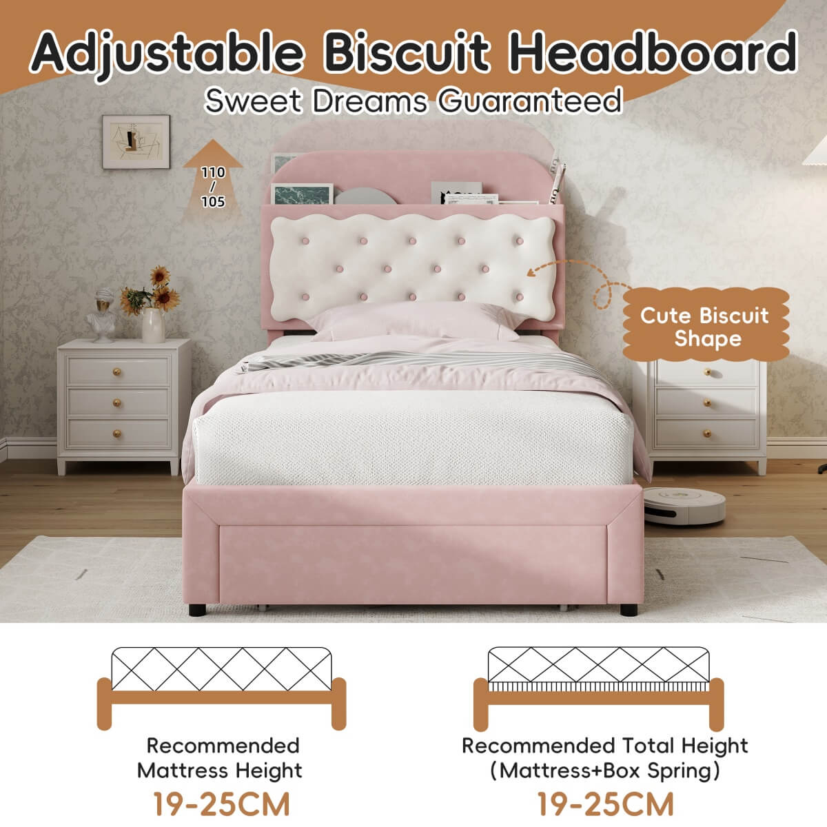 3ft Single Velvet Bed Frame - Cookie Shaped Headboard with Storage Drawer